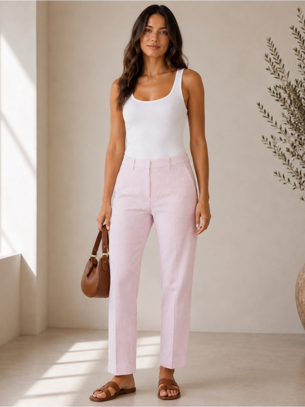 Lauren Ralph Lauren Seersucker Pants 4P Pink White Striped Straight Leg Preppy